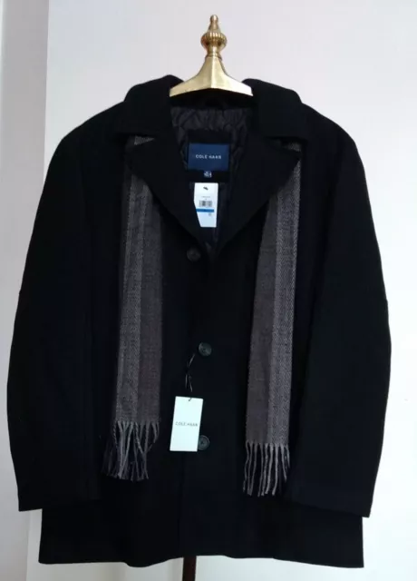 NWT $295 Cole Haan Men's Water Repellent Wool Blend Coat Black W/Scarf Size XL