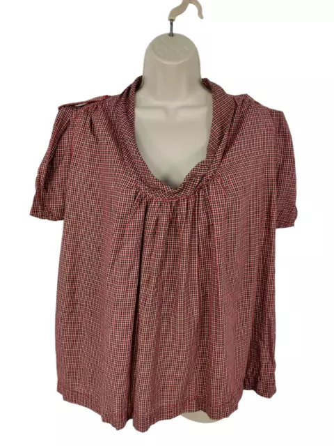 Womens French Connection Uk 10 Red Gingham Turn Up Short Sleeve Cowl Blouse Top