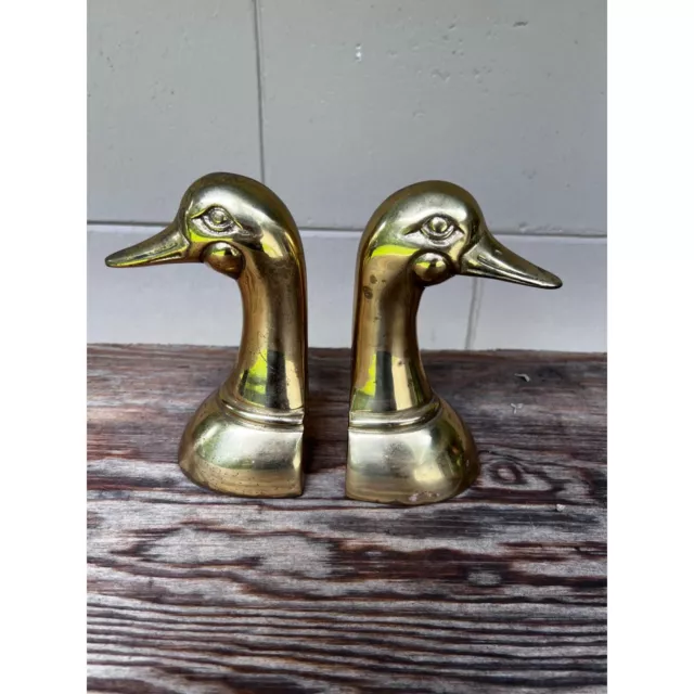 Vintage Solid Brass Mallard Duck Book Ends