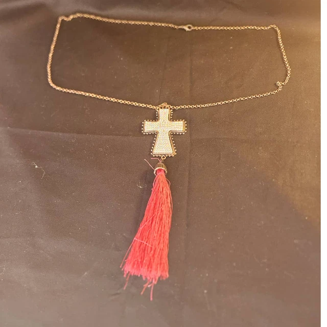 Womens Necklace Bronze-Colored Cable Chain w/Gem Stone Cross & Red Dangle Fringe