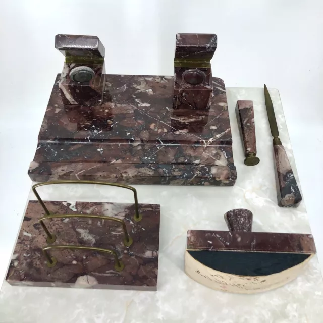 Antique Art Deco Marble Inkwell Desk Set Tray, Blotter Letter Opener Stamp 1920s