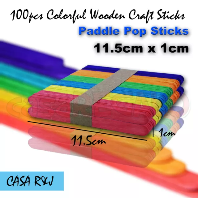 100pc Colourful Wooden Craft Sticks Paddle Pop Ice Cream Sticks 110mm x 10mm