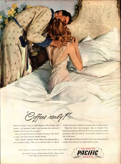 1947 Man kissing sexywife in bed Pacific Balanced Sheets vintage art print ad d1