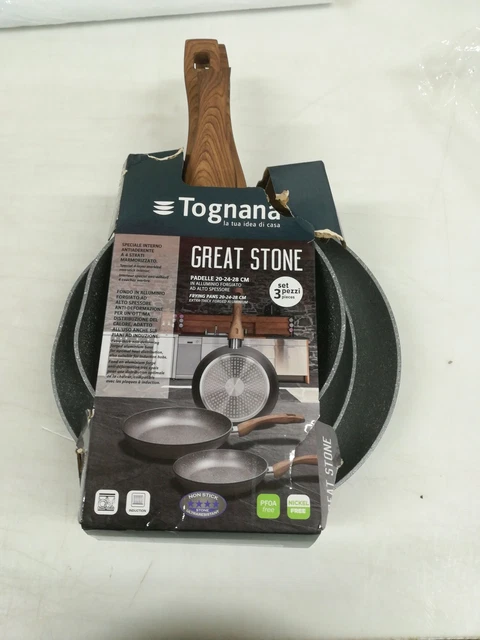 Juego de 3 sartenes de porcelana Tognana Ø 20 + 24 + 28 cm - piedra y madera