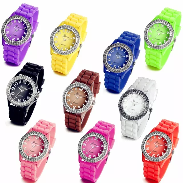 Casual Rhinestone Jelly Gel Silicone Band Quartz Analog Wrist Watch Women Girls