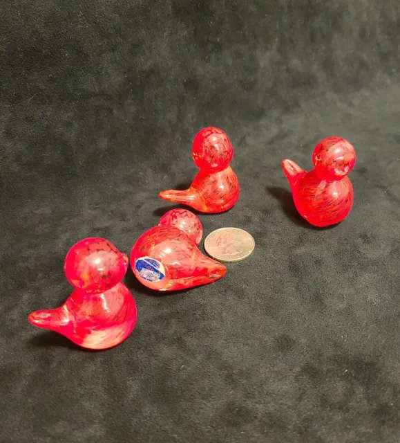 LARSON CRYSTAL Molted Red Clear 1½" Baby Birds Art Glass Decor Figurine SET OF 4
