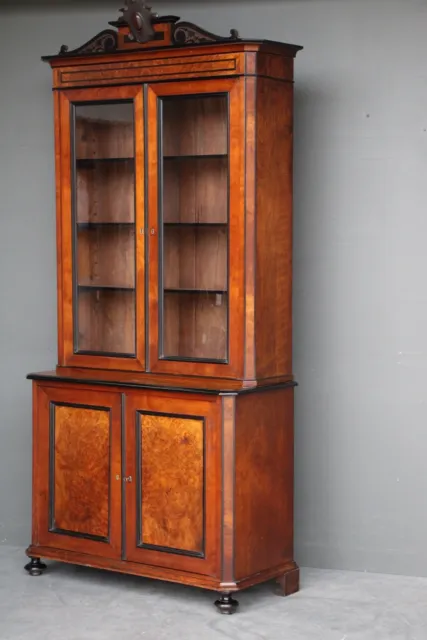 Antique French Napoleon III burl walnut 4 door glass bookcase ebony inlay 1850’s