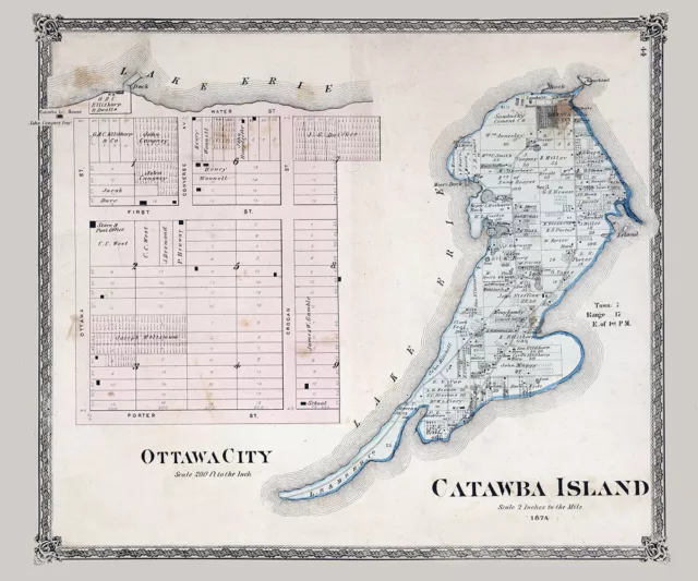 1874 Map of Catawba Island Ottawa County Ohio Lake Erie