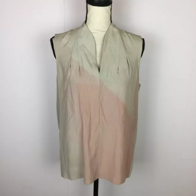 Elie Tahari Hayden Silk Blouse Sz M Womans Pink Beige Sleeveless V-Neck Pleated