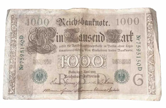 Reichsbank Note 1000 Mark Berlin den 21. April 1910 Nr.7595150D