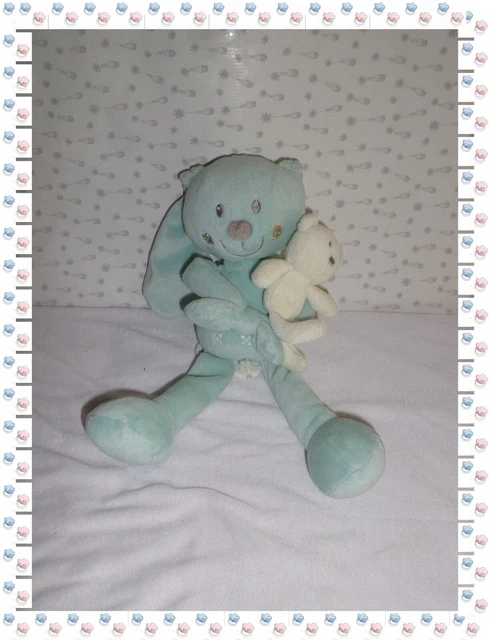 ① - Doudou Peluche Musicale Lapin Bleu Bébé Ours Blanc  Pommette