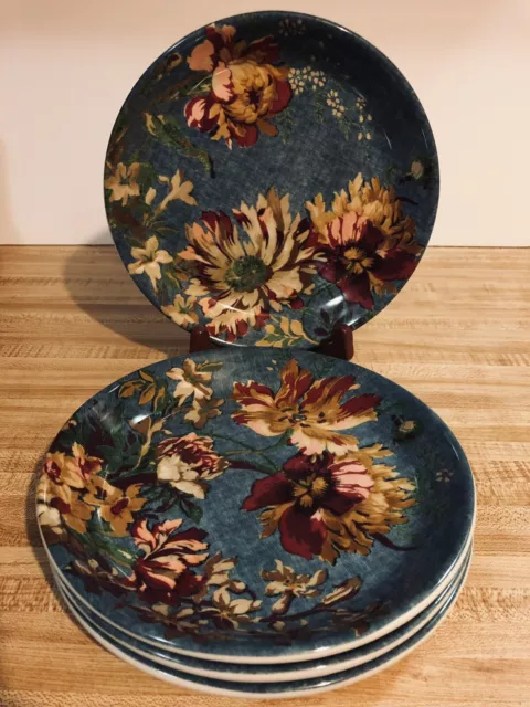 Pottery Barn Meadow Floral Stoneware Salad Plates Blue Spring Easter Peony 2