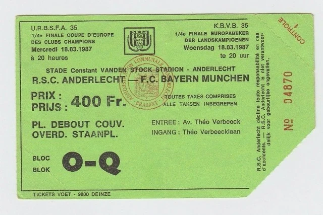 Ticket De Match UEFA CUP 1980/81 : Kaiserslautern Contre RSC Anderlecht - Souvenir