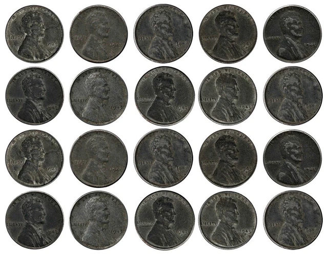 1943 Set of 20 Genuine World War II WWII Steel Pennies P D & S Mint Marks