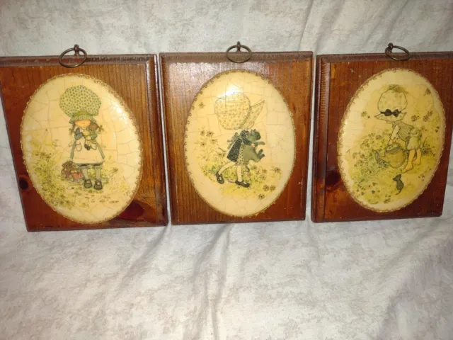 Set of 3 Vintage Cottagecore Paintings on Wood w/ Girl and Cat
