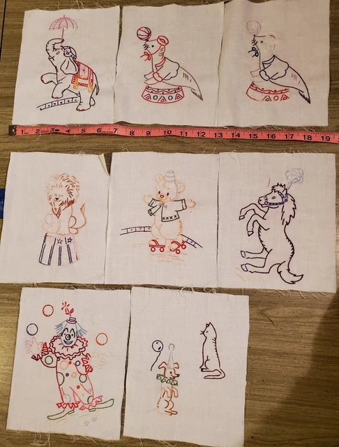 Hand Embroidered 8-6"x8" Panels Circus Theme Lion Horse Elephant Clown A70