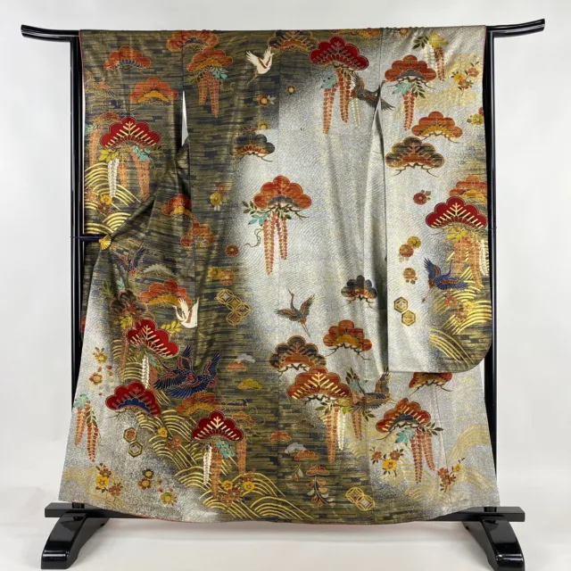 Japanese Silk Kimono Vintage Furisode Gold Pine Cranes Waves Flowers Blue 62"