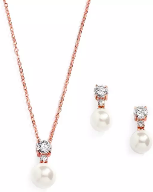 Pearl Wedding Necklace Earrings Set with CZ Crystal, Rose Gold Jewelry for Bride