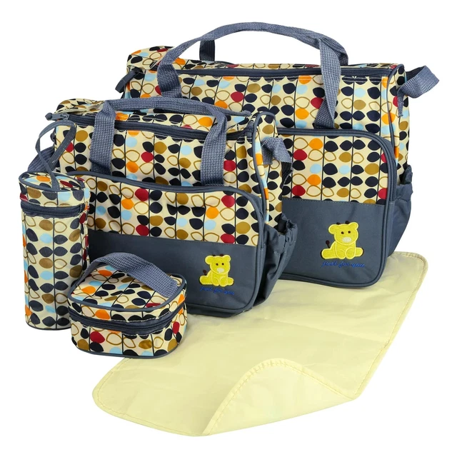 Baby Diaper Tote Stylish Nappy Messenger Insulated Bag 5 Piece Set. Large Medium