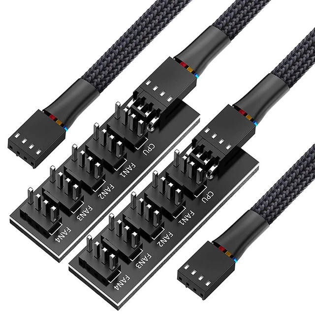 PWM Fan Hub Splitter, 4 Pin Black Sleeved 5 Way PC CPU Cooling Case Fan Ext Z5H3