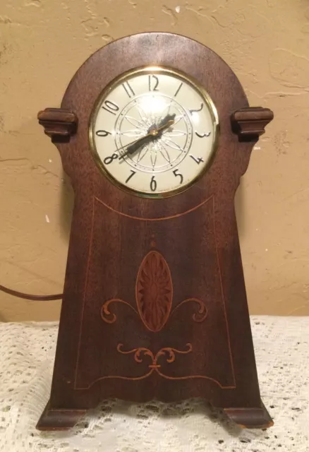 Vintage 10-1/2” Lanshire T3 Wood Cased Self Starting Electric Shelf Clock-Works