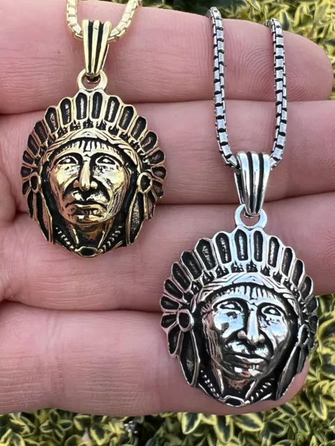 Real 925 Silver / 14k Gold Plated Indian Head Chief Headdress Pendant Necklace