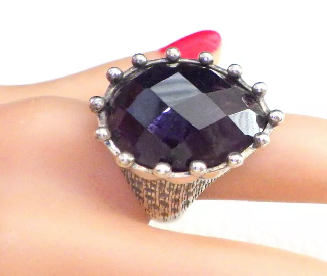 Deb Guyot Large Sterling  Faceted Amethyst Ring W, Gret Detail Shank Size  8 1/4