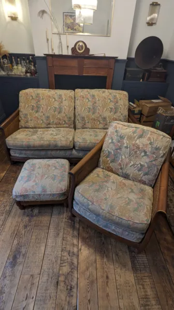 Ercol Bergere Three Piece Set Dark Wood With Wicker Sofa Armchair Footstool