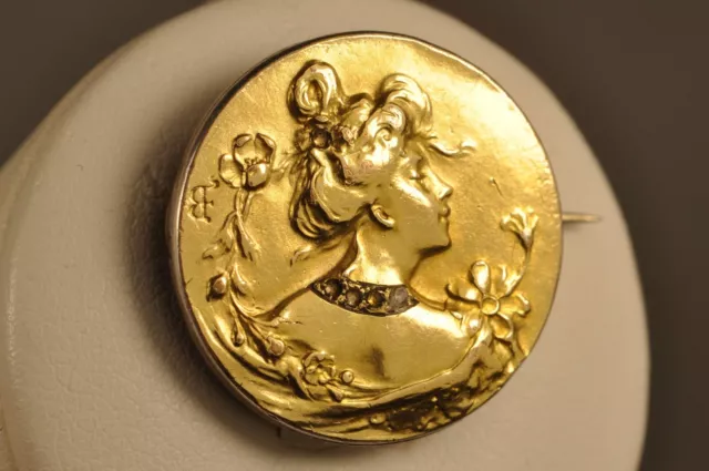 Broche Art Nouveau Argent Massif Vermeil Antique Solid Silver Gilt Brooch