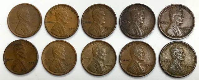 (10) 1909 Vdb Us Lincoln Wheat Cent 1C Coin Extra Fine+ Lot