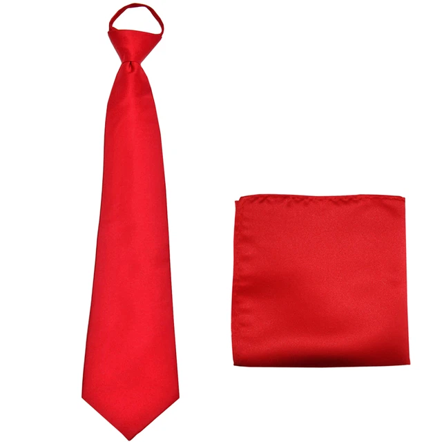 New Polyester Men ready knot zipper pre tied neck tie & hankie solid formal red