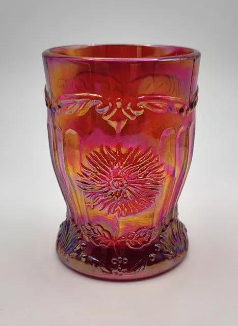 Stunning Mosser Ruby Red Iridescent  Carnival Glass Tumbler Dahlia 10cmH x 7cmW