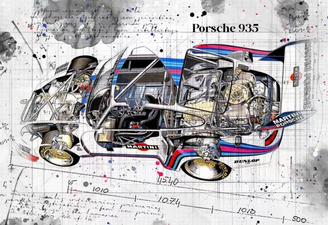 Line Tech Drawing    Porsche 935    Auto Car Classic Cutaway Art Poster Print