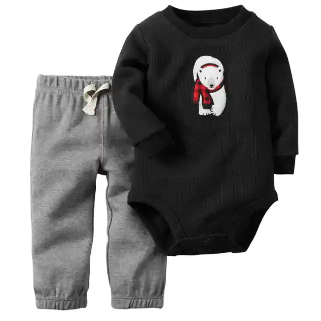 Carters Infant Boys 2 PC Outfit Polar Bear Black Creeper & Gray Sweatpants