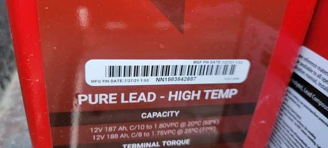 Northstar Nsb190Ft Ht Red Battery Pure Lead - High Temp  12V Mfr 07/27/21