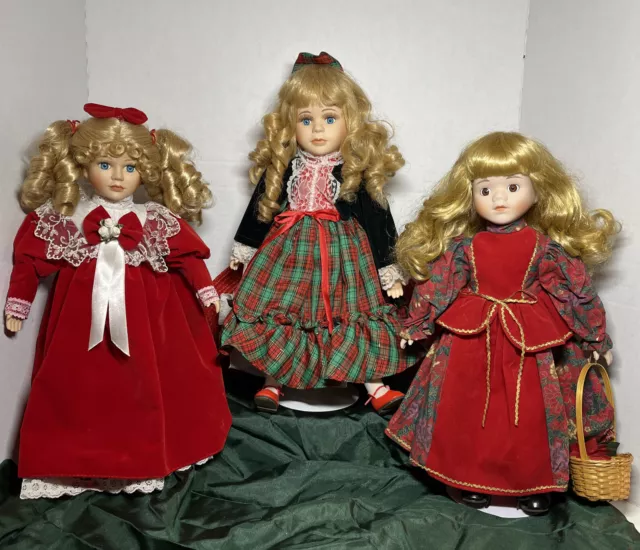 3 Vintage Christmas Porcelain Dolls~Heritage Mint w/Music~Brinns~Blonde Curl 16”