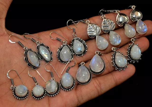 Moonstone Gemstone 925 Sterling Silver Plated Lot 5 Pair Earrings WE-32