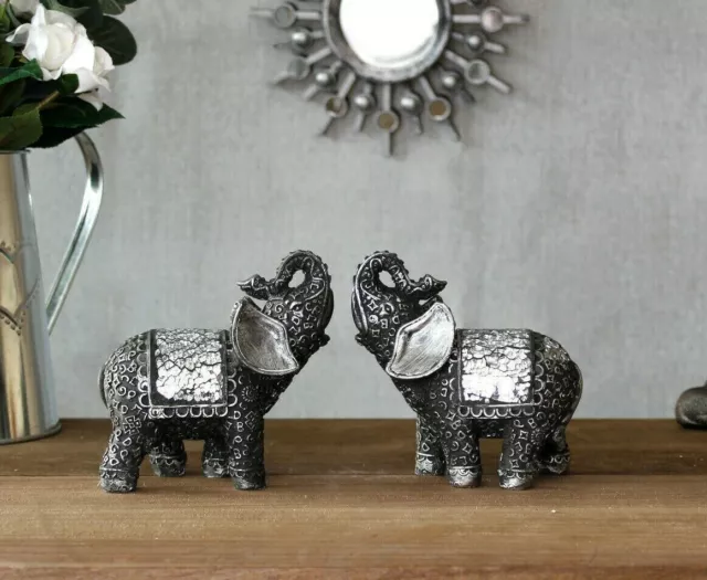 2x Silver Mosaic Elephant Ornaments Sparkle Safari Animal Home Decor Figure