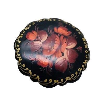 vintage Russian hand painted wooden lacquered brooch floral red black signed