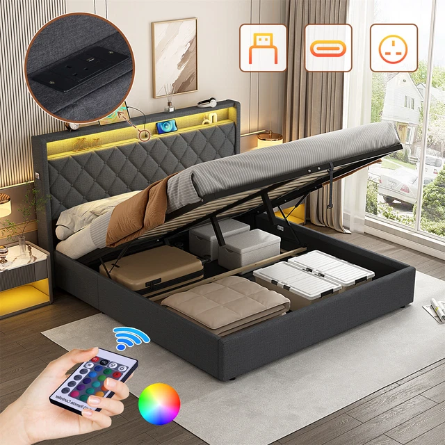 LED HYDRAULIC OTTOMAN Storage Bed Frame Double Upholstered with ...