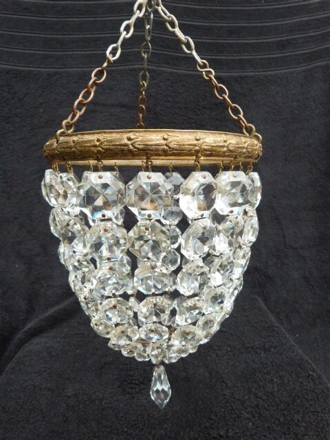 Antique Crystal Bag Chandelier Gilt Metal Glass French Sun Catcher Small (A) Antique Crystal Bag Chandelier Gilt Metal Glass French Sun Catcher Small (A)