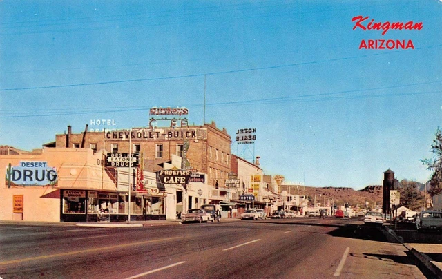 Kingman AZ Arizona STREET SCENE~ROUTE 66 Desert Drug~Frontier Cafe 1969 Postcard