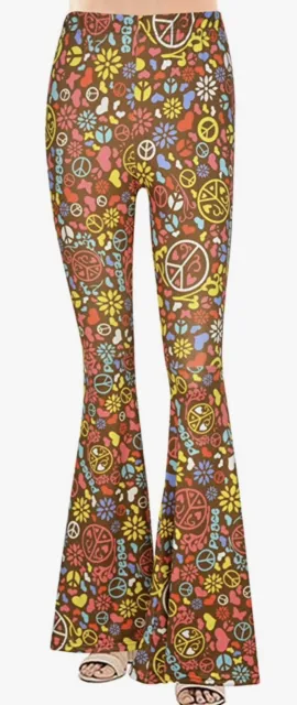 Costume 70’s Bell Bottoms Peace Sign Flower Print Women’s Fitted Large
