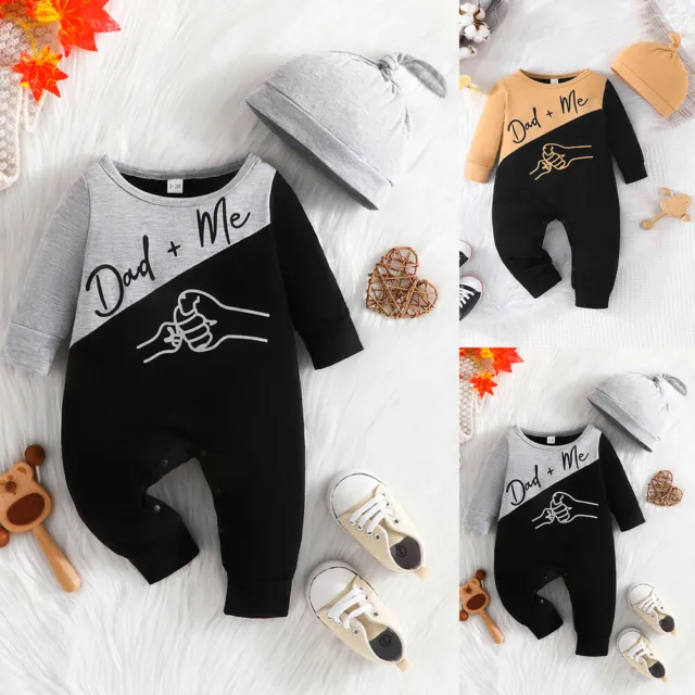 Baby Boys Printed Long Sleeve Romper Bodysuit Jumpsuit Hat Sets Infant Outfits