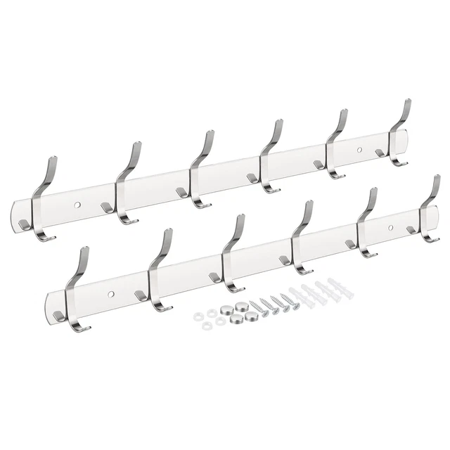 Coat Hook Rack Wall Mounted with 6 Hooks Hook Rail Wall Hangers Silver 2Pcs