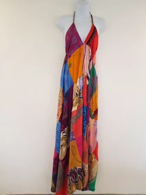 Hippie Patchwork Maxi Dress Indian Festival Boho One Size Satin Long Holiday 2