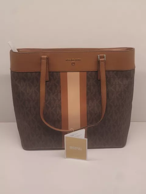 Michael Kors Center Stripe MK Logo Morgan Large  LG Tote Shoulder Brown Bag  NEW