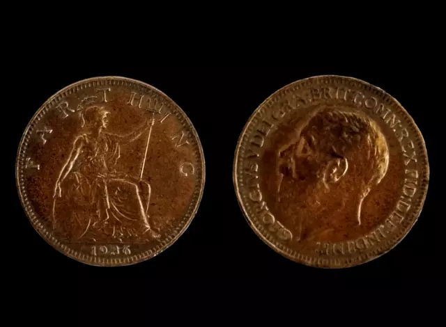 UNITED KINGDOM King George V 1 Farthing Coin Date 1936 Grace of God VG++