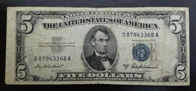 1953 A Blue Seal $5 Five Dollar Silver Certificate Bill Note Currency