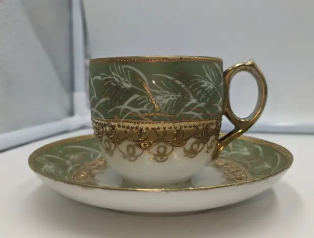 Antique Nippon (Japan) Small Teacup & Saucer Green & White w/Gold Moriage